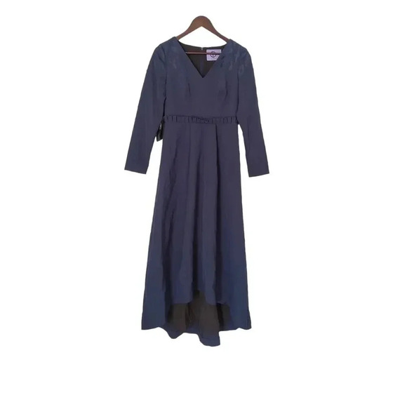 JS Collections Gown Navy V-Neck Hi-Low Long Sleeve Side Pockets Formal Dress 4 - Picture 3 of 9